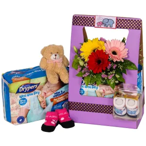 Baby Shoes and Gerbera Daisies in Baby Hamper | B250