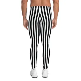 Best Striped Men's Leggings, Black White Athletic Running Elastic Tights For Men-Made in USA/EU