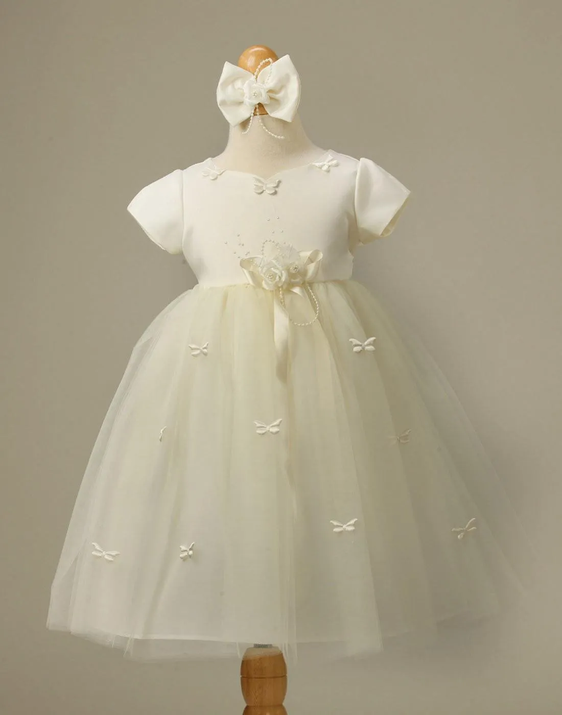 Butterfly Adorned Tulle and Satin Dress with a matching Bow Clip - Pink