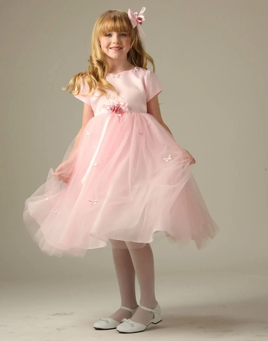 Butterfly Adorned Tulle and Satin Dress with a matching Bow Clip - Pink