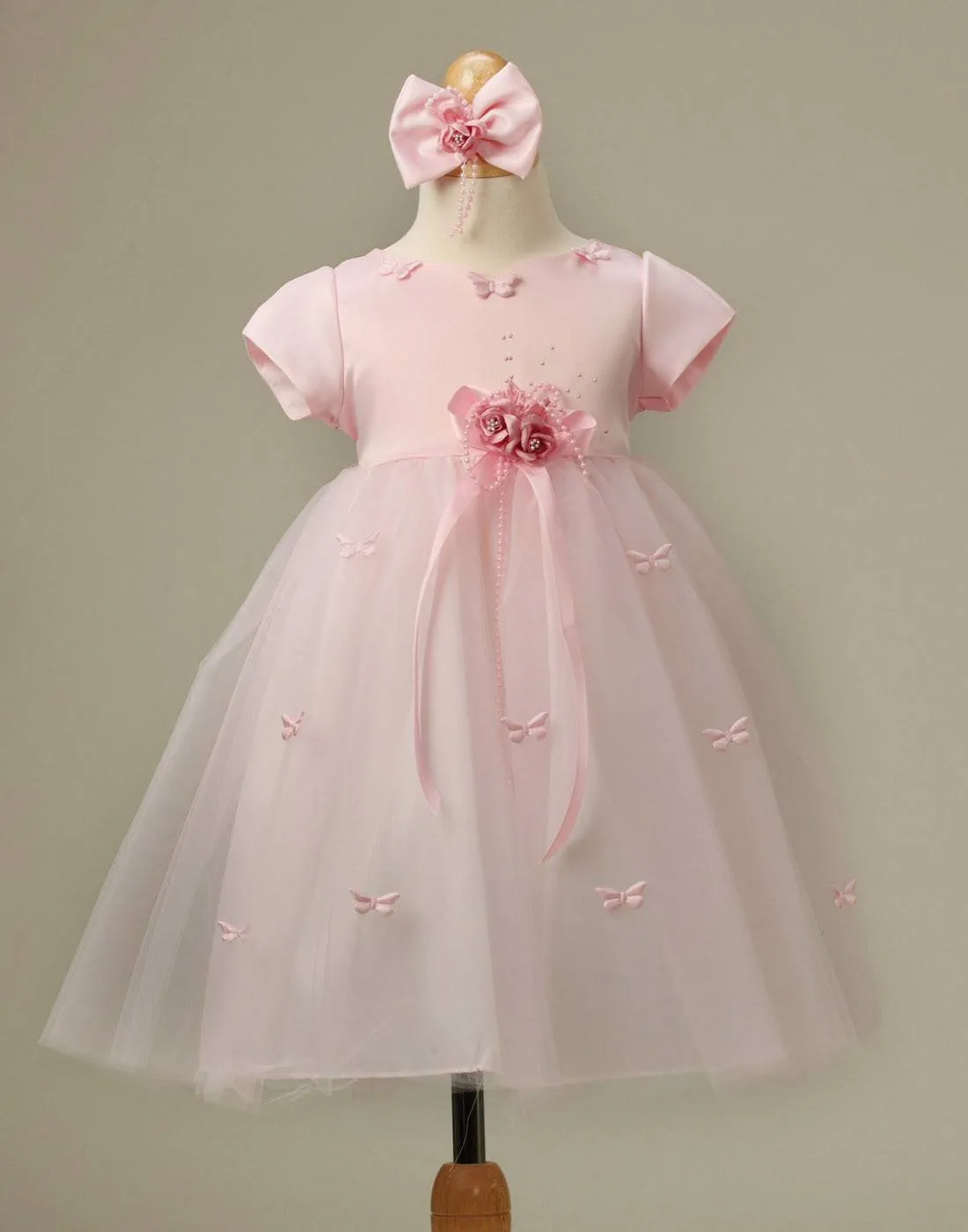 Butterfly Adorned Tulle and Satin Dress with a matching Bow Clip - Pink