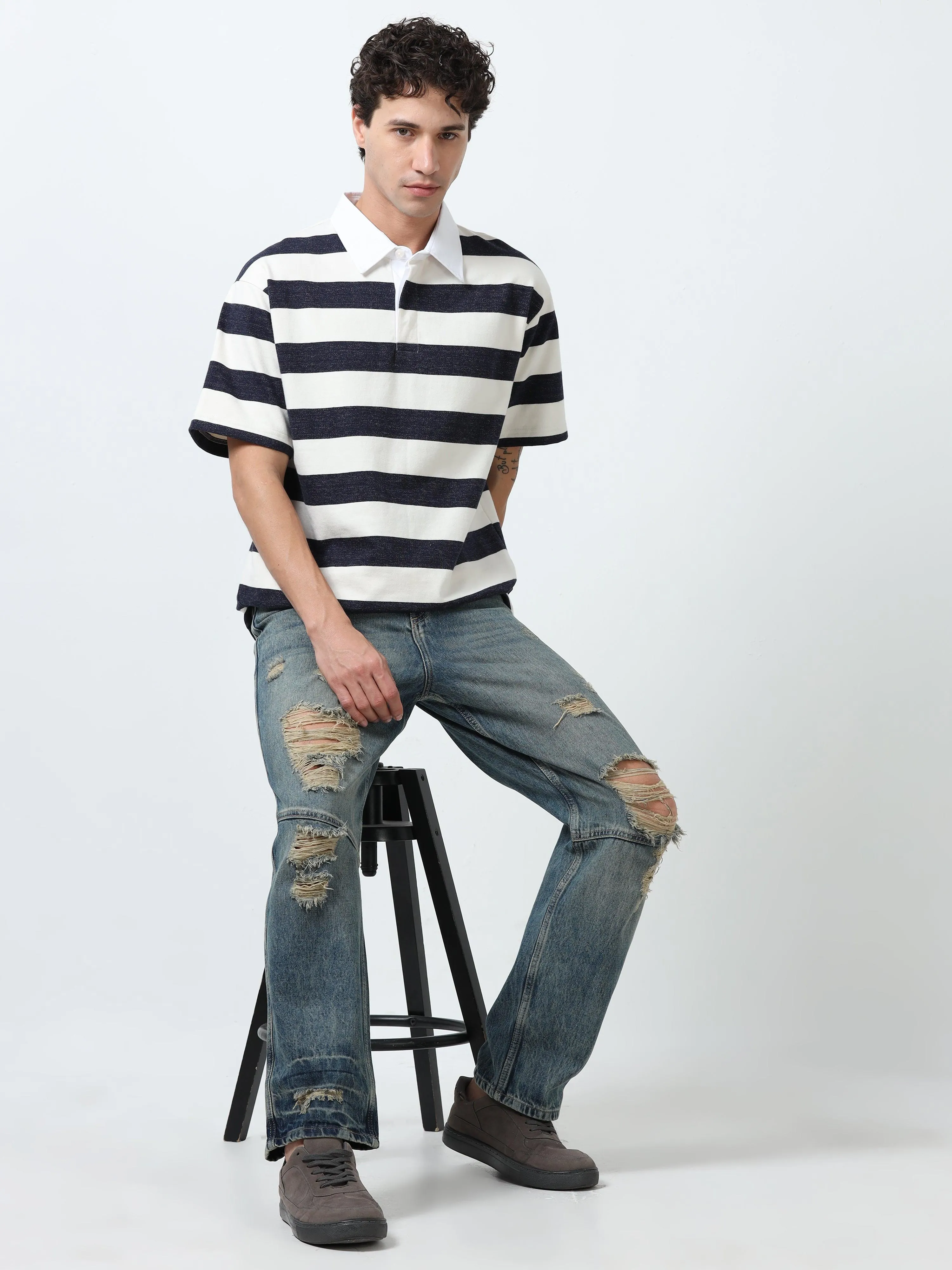 Calla - Oversized Striped Polo T Shirt - Starry Blue