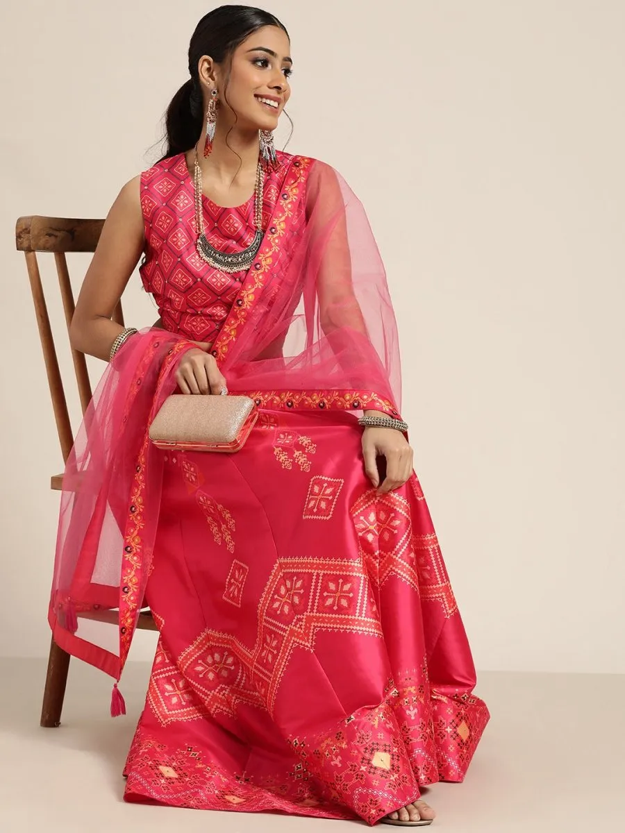 Coral Pink Patola Print Semistitched Lehenga with Unstitched Blouse & Dupatta