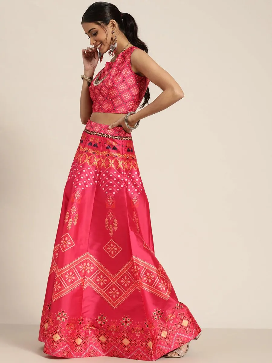 Coral Pink Patola Print Semistitched Lehenga with Unstitched Blouse & Dupatta