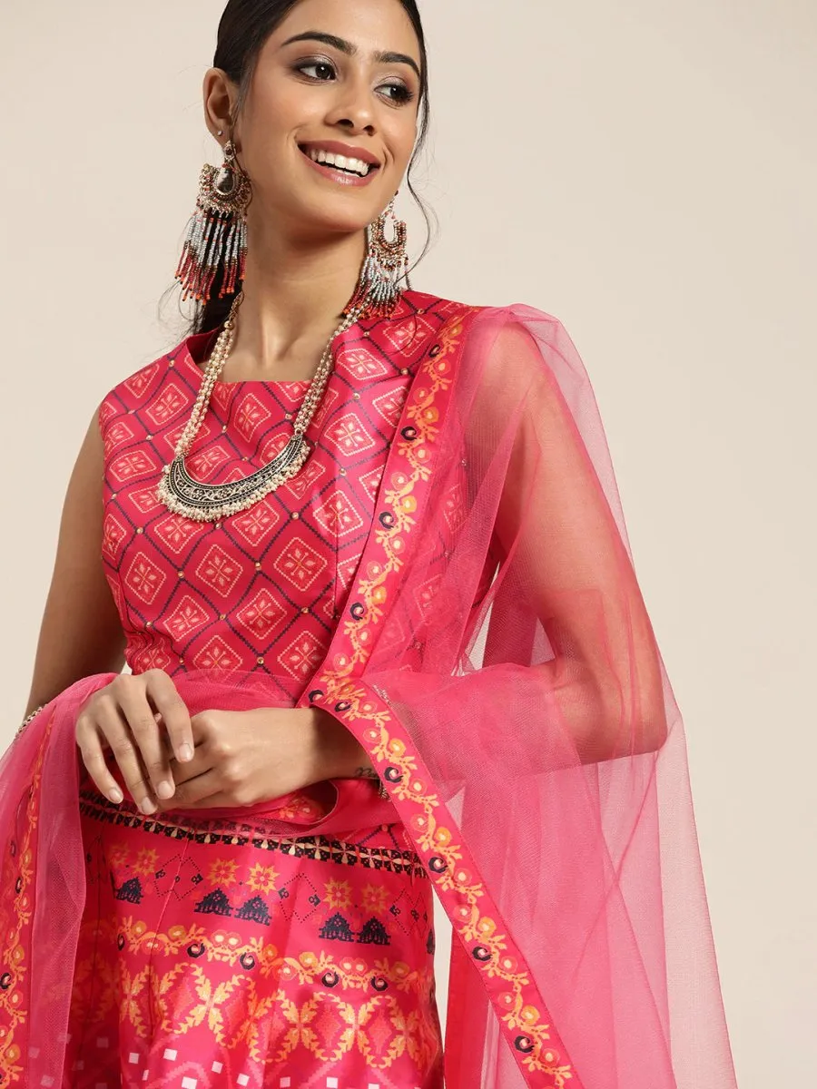 Coral Pink Patola Print Semistitched Lehenga with Unstitched Blouse & Dupatta