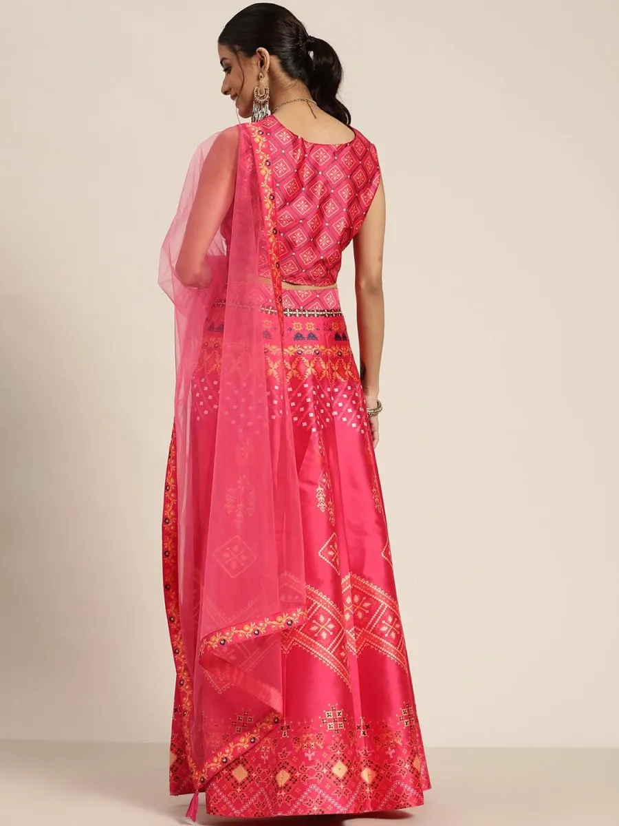 Coral Pink Patola Print Semistitched Lehenga with Unstitched Blouse & Dupatta