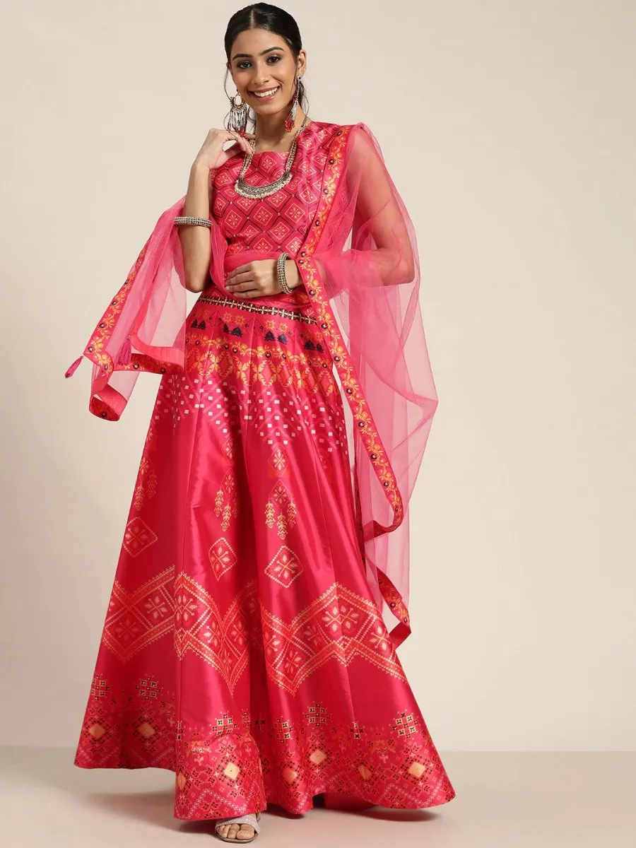 Coral Pink Patola Print Semistitched Lehenga with Unstitched Blouse & Dupatta