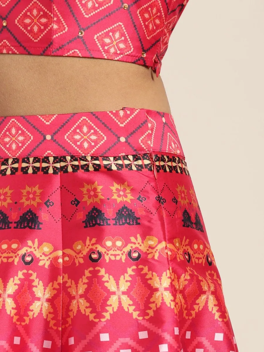 Coral Pink Patola Print Semistitched Lehenga with Unstitched Blouse & Dupatta