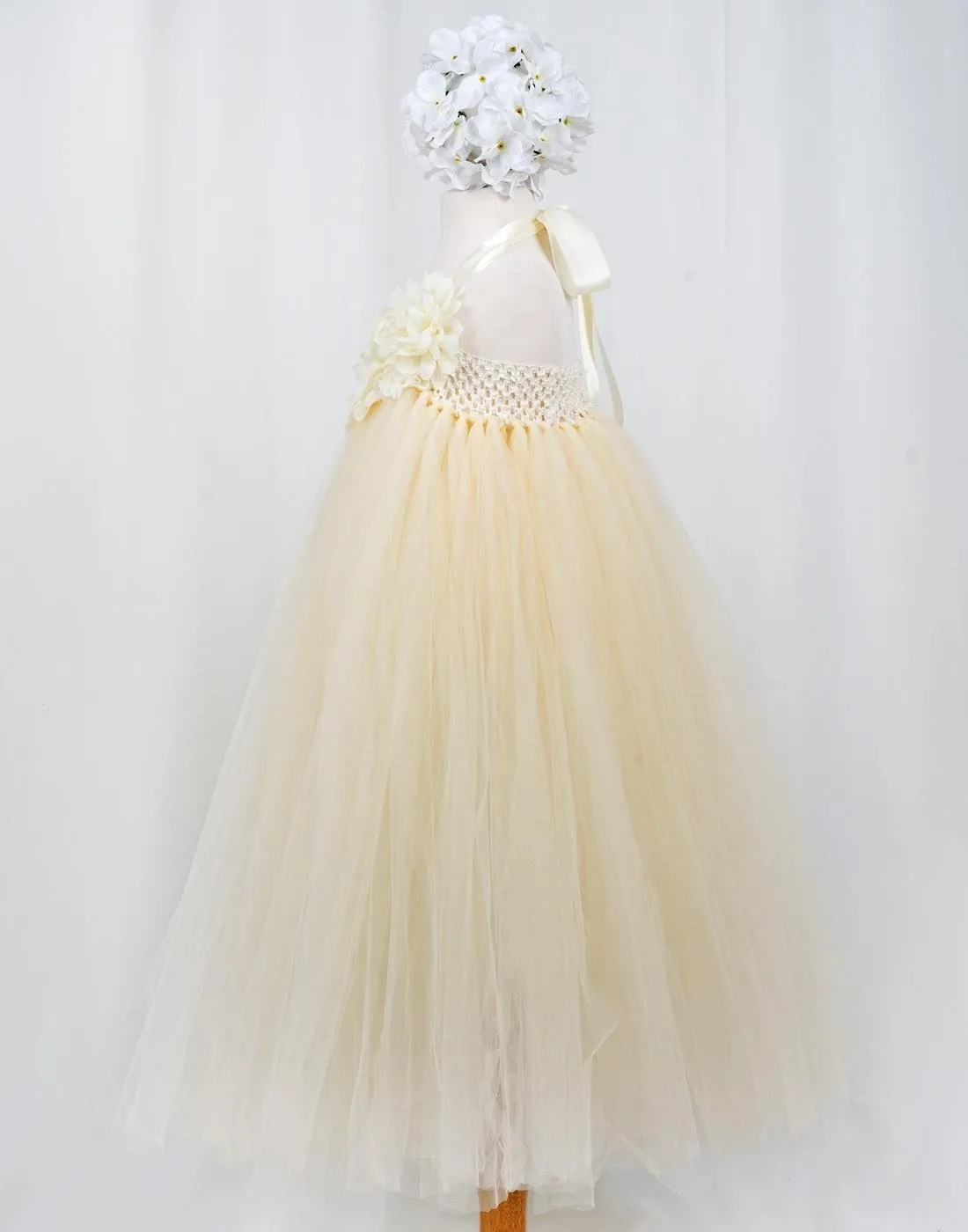 Fantastic Floriated Tulle Dress with Pearl Accents - Champagne