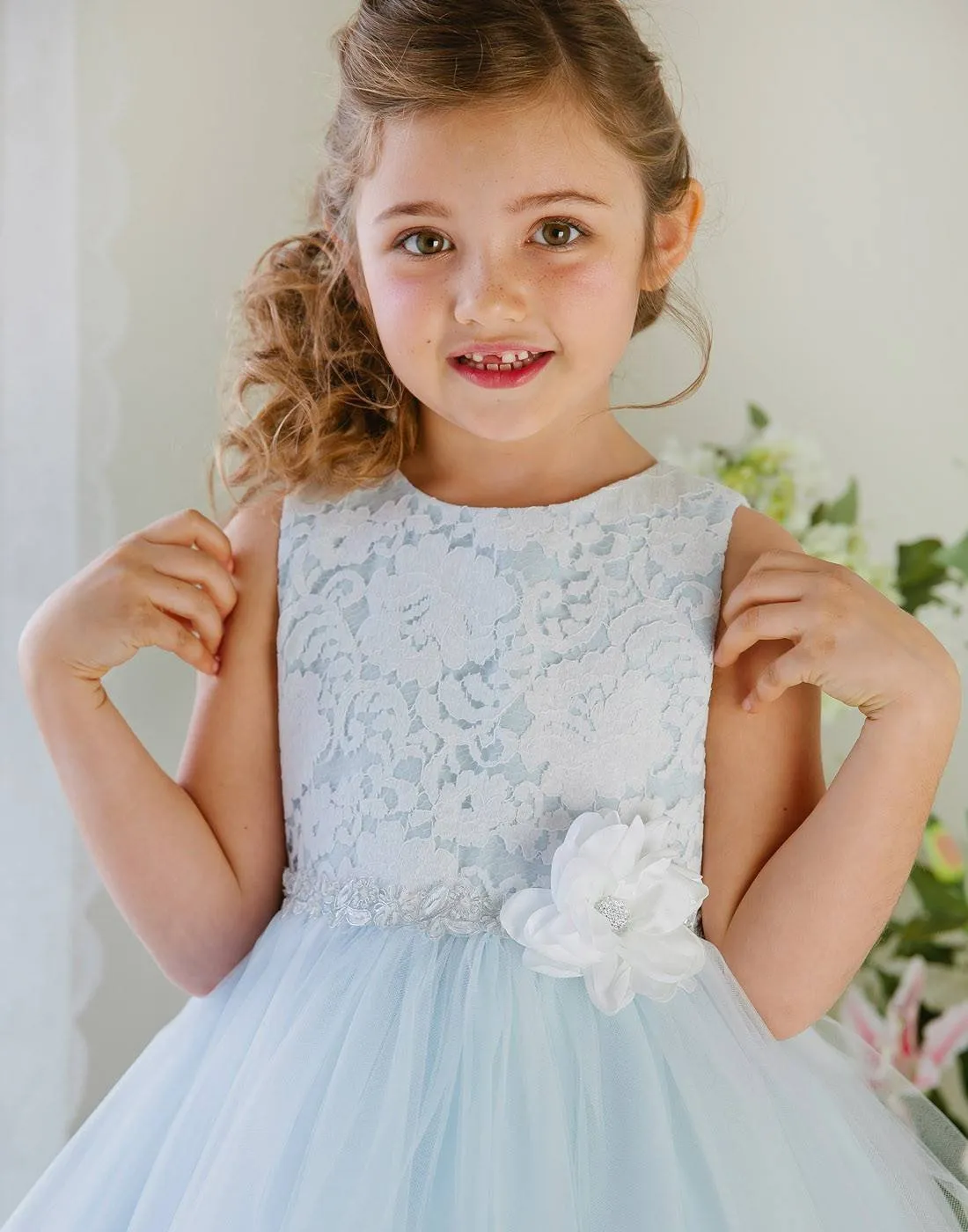 Glamorous and Lace tulle Dress with Flower Accented Belt - Light Blue