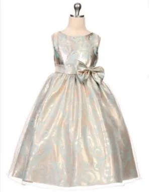 Glittery Gold and Aqua Organza Overlay Jacquard Dress with a Bow - Turquoise