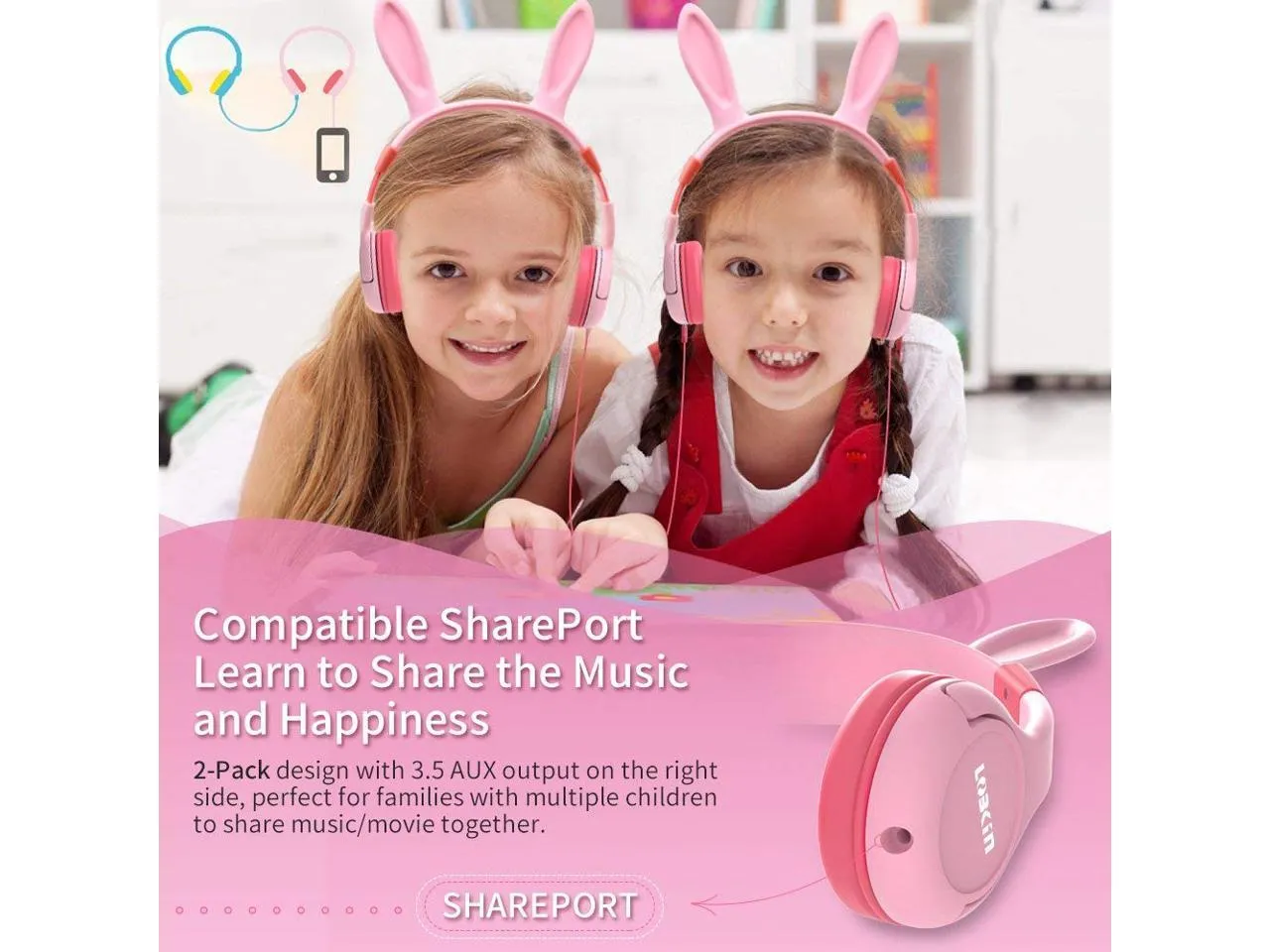 Kids Bunny Wired On-Ear headphones magnetic ears with LED lights