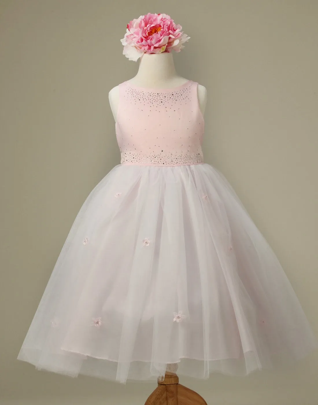 Mesmeric Tulle and Satin Dress with Floral Accents - Pink