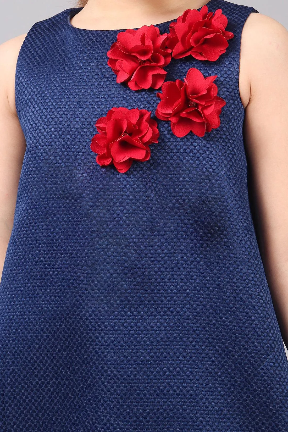 One Friday Kids Girls Navy Blue Sleeveless Dress With Flowers Applique