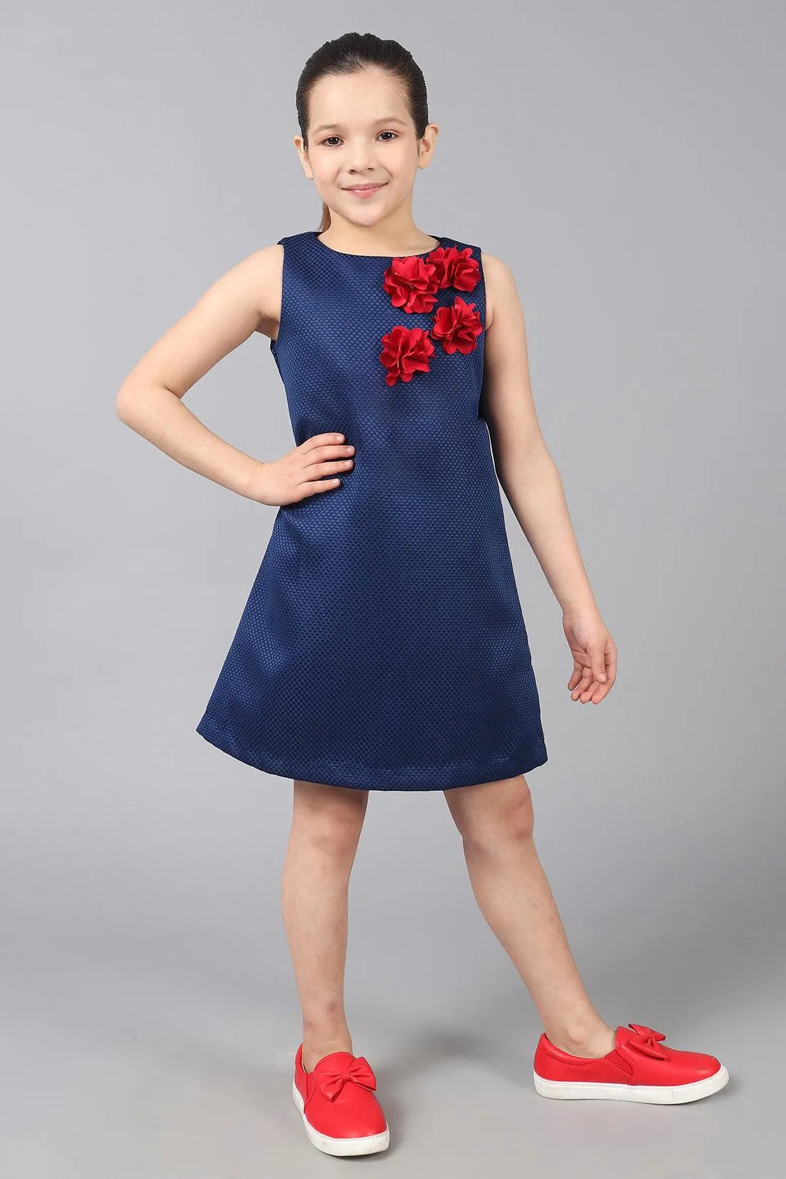 One Friday Kids Girls Navy Blue Sleeveless Dress With Flowers Applique