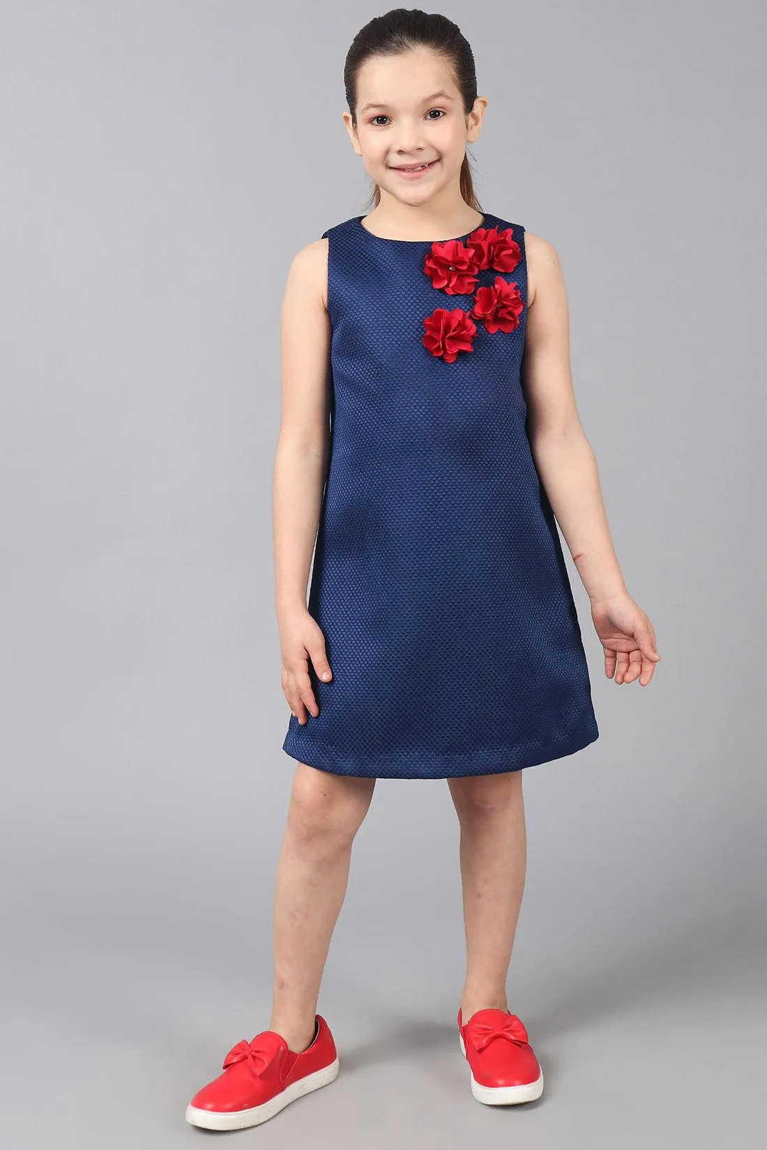 One Friday Kids Girls Navy Blue Sleeveless Dress With Flowers Applique