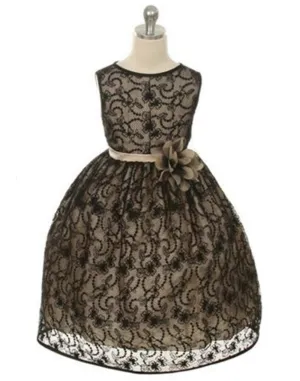 Satin Lining and Floral Overlay Lace Dress - Black / Champagne